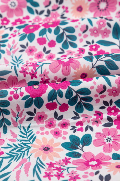 Pink Floral Collared Half Placket Short Sleeve Loose Dress